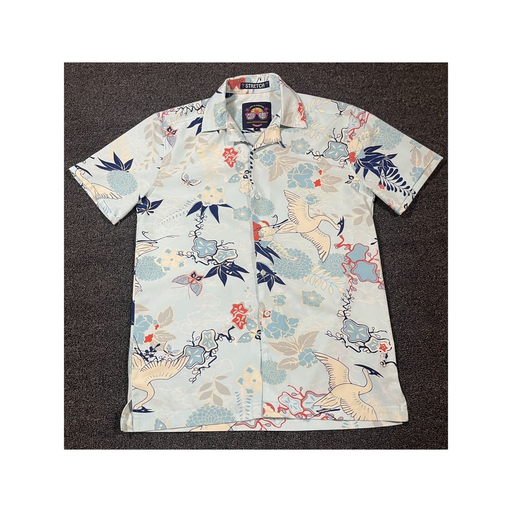 Good Vibes Stretch Button Down‎ Shirt Men's S Crane Floral Print Short Sleeve